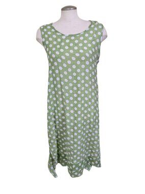 Papa Vancouver Dress Womens L Green Polka Dot Sleeveless Shift Linen Cotton